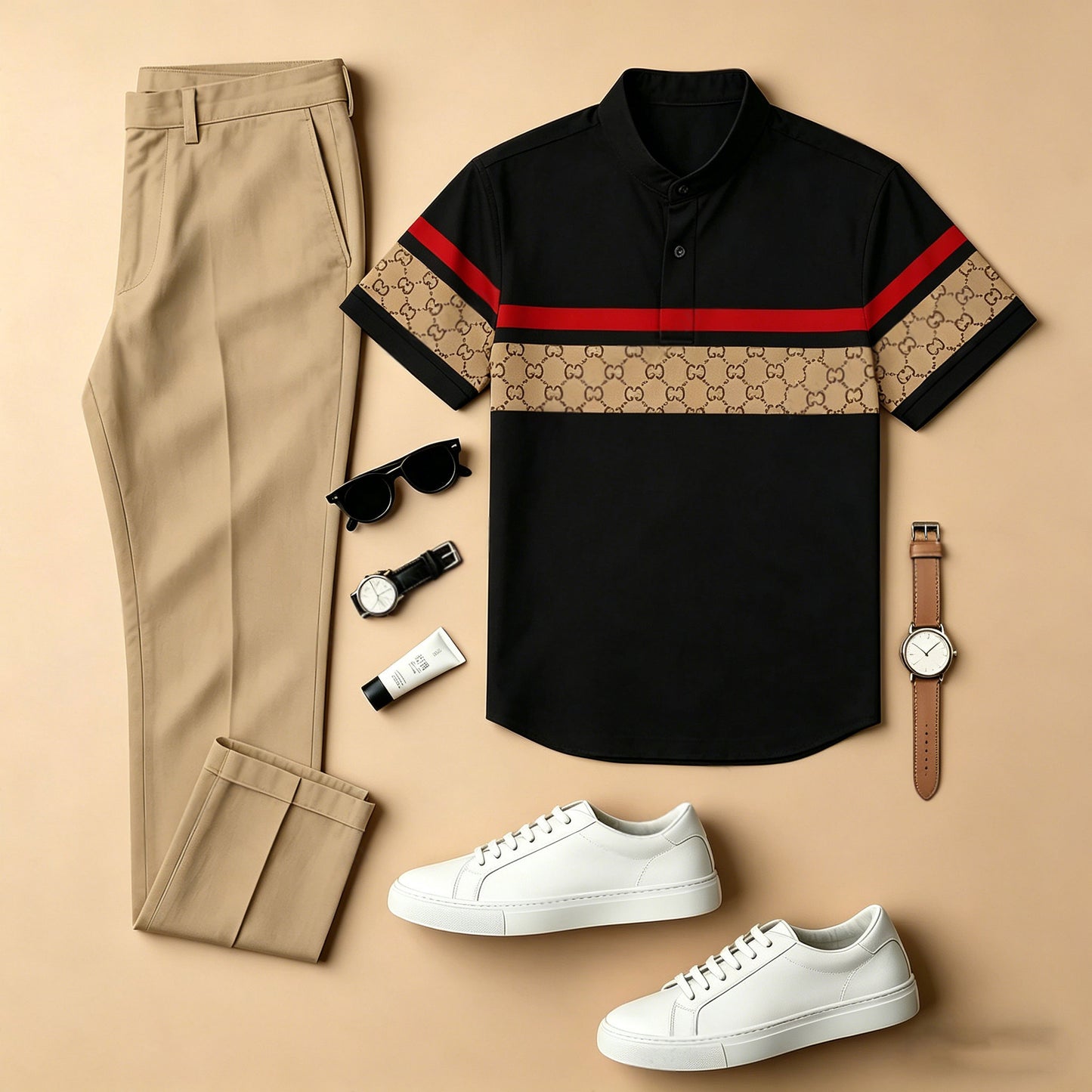 Men's Casual Black & Brown Plaid Color-Blocked Printed Crew Neck Short-Sleeved Shirt And Trousers Two-Piece Set