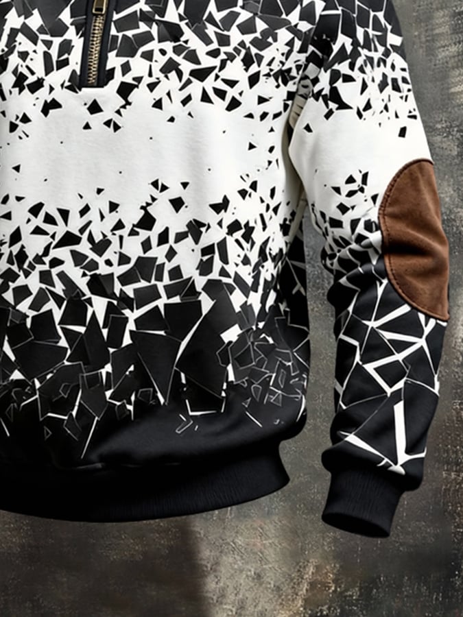 Men's Retro Color Block Print Color-Blocked Zip-Up Sweatshirt