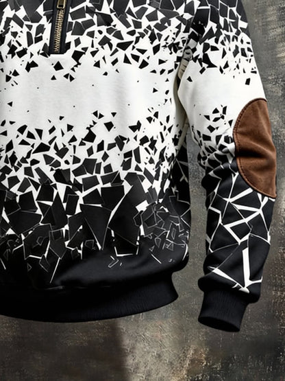 Men's Retro Color Block Print Color-Blocked Zip-Up Sweatshirt