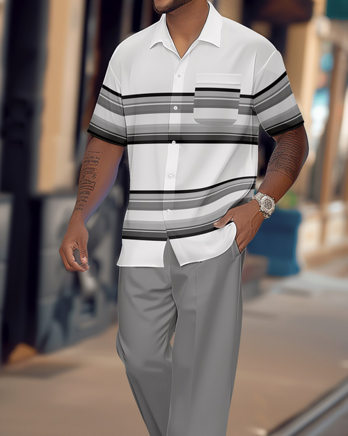 Men's Retro Plaid Colorblock Short Sleeve Shirt Walking Suit 16467