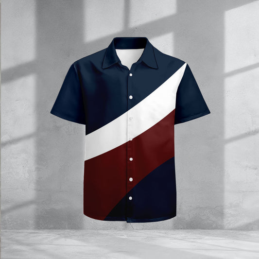Men's Casual Lapel Red & Navy Blue Color Matching Printed Short Sleeve Shirts