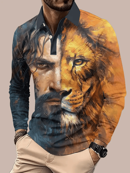 Men's Retro Business Stripe Print Long Sleeve Polo Shirt