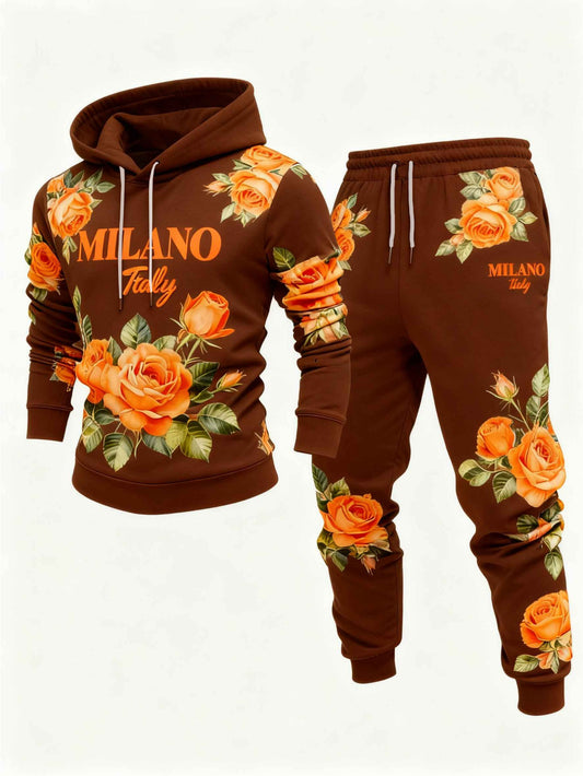 Men's Casual Coffee & Orange Rose Printed Hoodies Long Sleeved Sweatshirts & Sweatpants Two-Piece Set