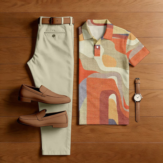 Men's Casual Khaki & Orange Color Matching Printed Short Sleeved Polo Shirt & Trousers Two-Piece Set