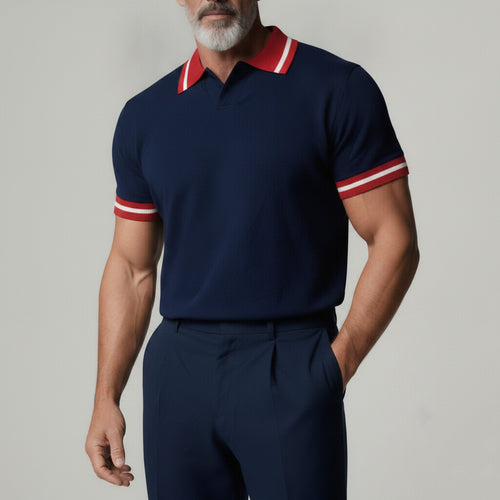 Men's Navy Blue Contrast Trim Turndown Collar Back Letter Pattern Polo Shirt