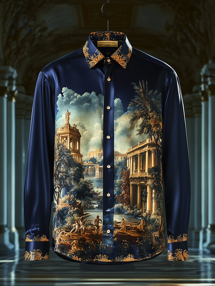 Men's Satin Luxe Garden of Eden Baroque Long Sleeve Button Down Shirt