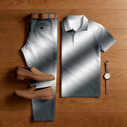 Men's Casual Gray Gradient White Color Matching Printed Short Sleeved Polo Shirt & Trousers Two-Piece Set