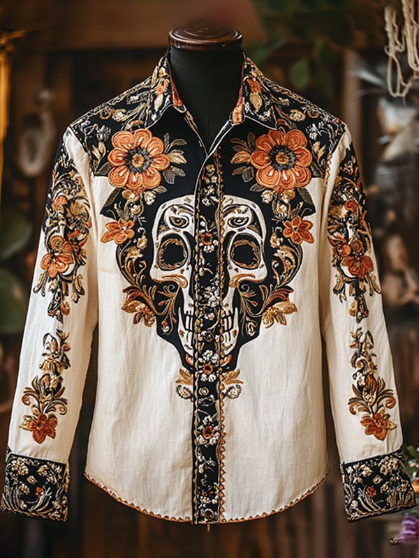 Men's Outdoor Vintage Skull and Floral Print Long Sleeve Shirt