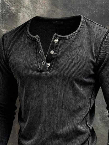 Men'S Vintage Ribbed Pure Cotton Washed And Distressed Long-Sleeved T-Shirt