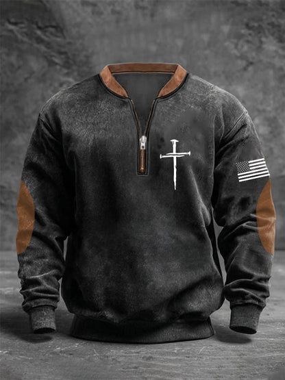 Men's Retro Faith Cross Print Zipper Stand Collar Long Sleeve Sweatshirt