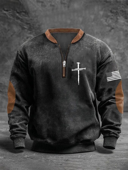 Men's Retro Faith Cross Print Zipper Stand Collar Long Sleeve Sweatshirt
