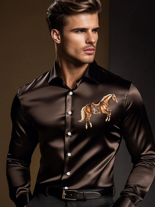 Men's Luxury Black Chest Art Horse Print Long Sleeve Shirt