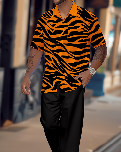 Men's Retro Tiger Pattern Colorblock Short Sleeve Shirt Walking Suit 1653