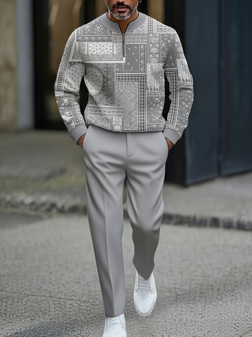 Men's Casual Color Matching Printed Round-Neck Zipper Long Sleeved Trousers Two-Piece Set