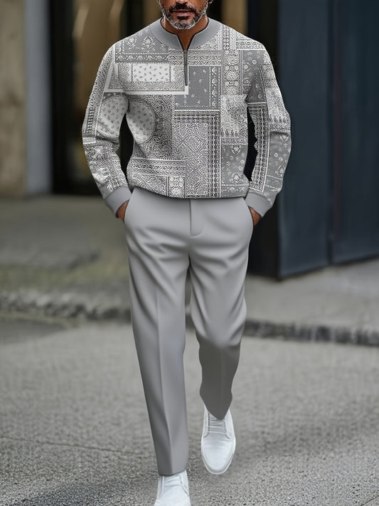 Men's Casual Color Matching Printed Round-Neck Zipper Long Sleeved Trousers Two-Piece Set
