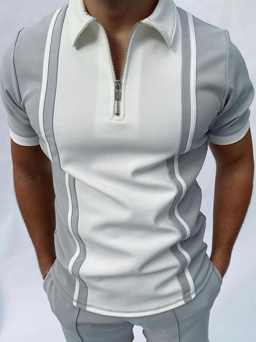 Men'S Casual Colorblock Zip-Up Polo Shirt