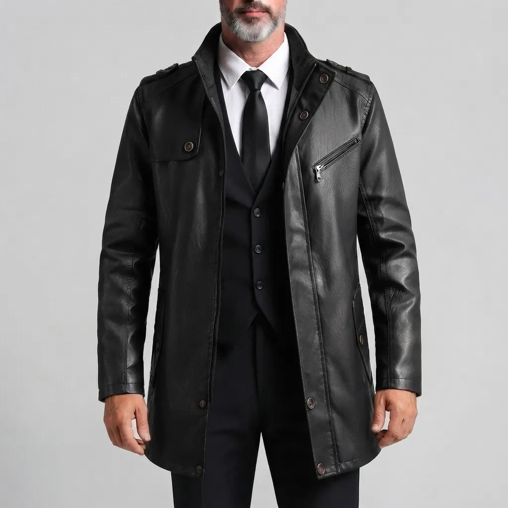 Men's Vintage Stand Collar Slim Fit Zipper Mid-Length PU Leather Jacket