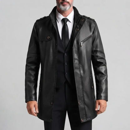 Men's Vintage Stand Collar Slim Fit Zipper Mid-Length PU Leather Jacket