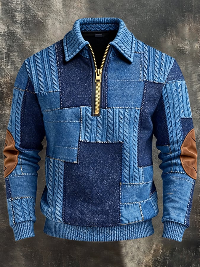 Men's Retro Color Block Print Zipper Sweatshirt