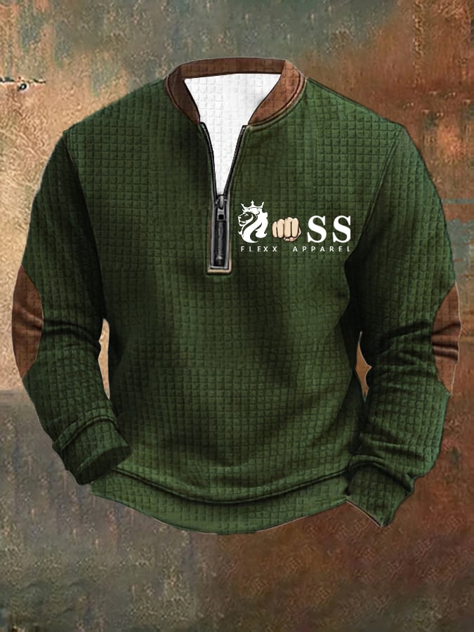 Men's Retro Letter Design Printed Zipper Collar Square Jacquard Sweatshirt