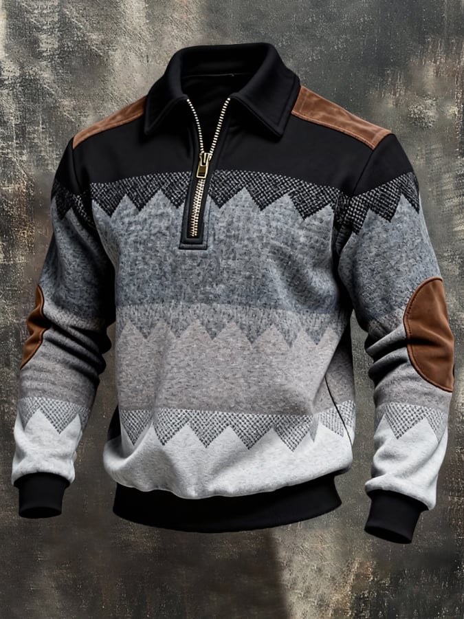 Men's Retro Color Block Print Color-Blocked Zip-Up Sweatshirt