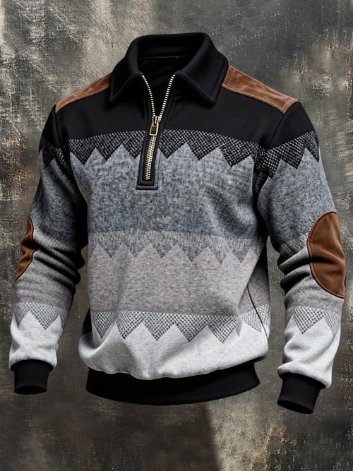 Men's Retro Color Block Print Color-Blocked Zip-Up Sweatshirt