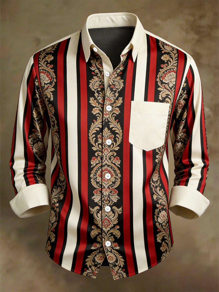 Men's Retro Business Casual Baroque Striped Long-Sleeved Shirt