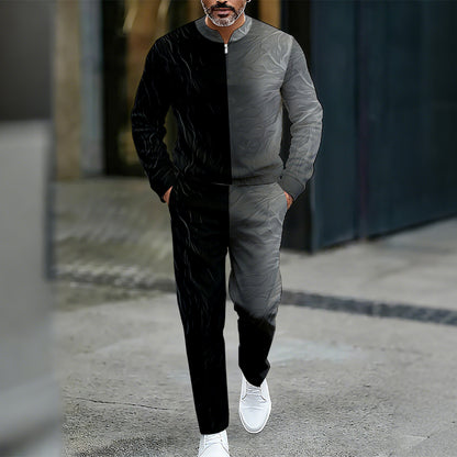 Men's Casual Color Matching Printed Round-Neck Zipper Long Sleeved Trousers Two-Piece Set