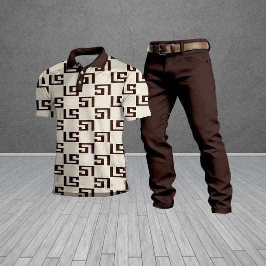 Men's Casual Brown Patterned Short-Sleeved Polo Shirt And Trousers Two-Piece Set