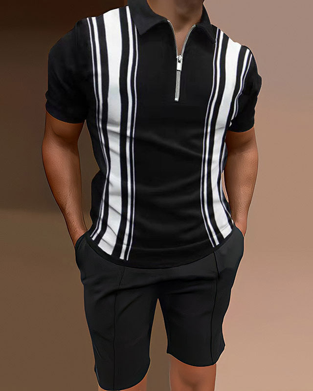 Men's polo shirt casual stitching two-piece set