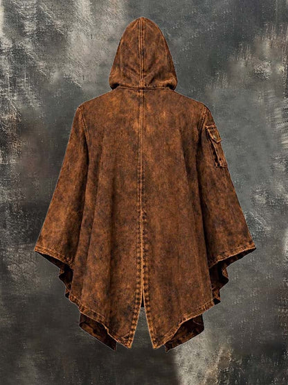 Men's Vintage-Style Distressed Hooded Workwear Cape/Cloak