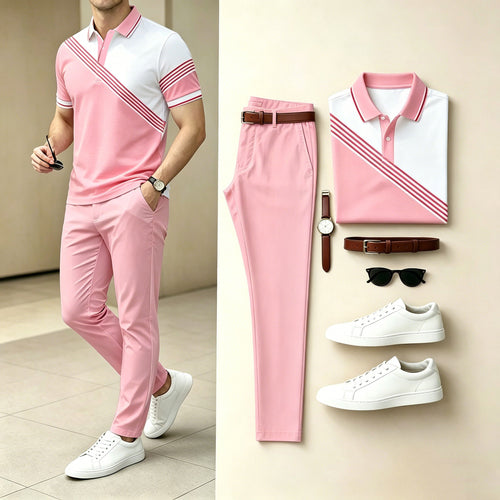 Men's Casual Pink White Diagonal Stripe Polo Shirt & Long Pants Two-Piece Set