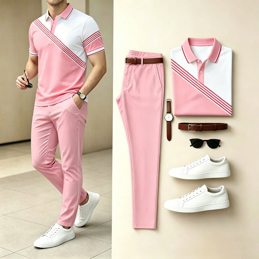 Men's Casual Pink White Diagonal Stripe Polo Shirt & Long Pants Two-Piece Set