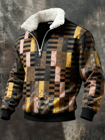 Men's Retro Color Block Print Casual Fur Collar Sweatshirt
