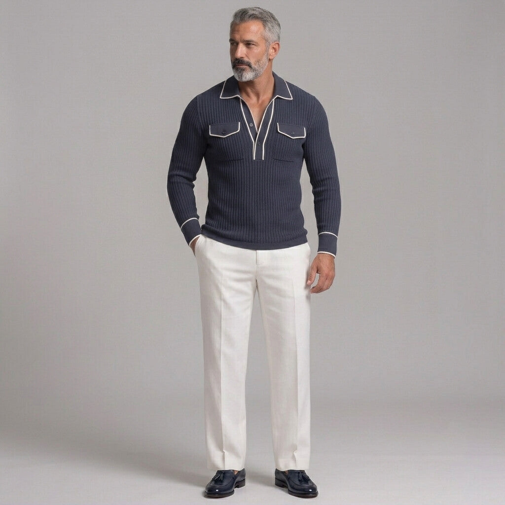 Men's Ribbed Knit Contrast Piping Chest Pockets Slim Fit Long Sleeve Polo Shirt