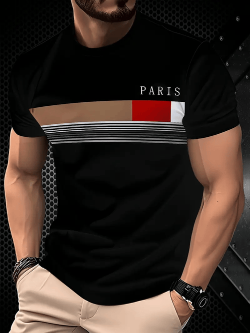 Men's short-sleeved T-shirt with striped logo print