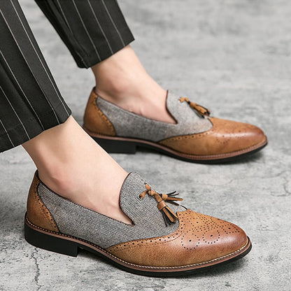 Business Casual Retro Carved Color Block Fringed Leather Shoes
