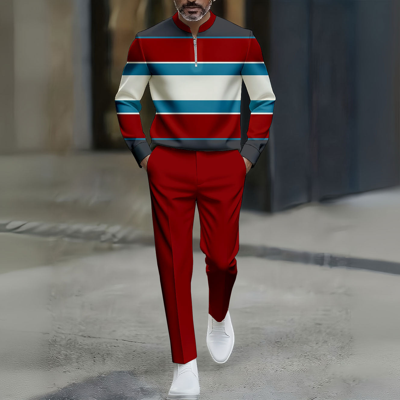 Men's Casual Color Matching Striped Printed Round-Neck Zipper Long Sleeved Trousers Red Two-Piece Set