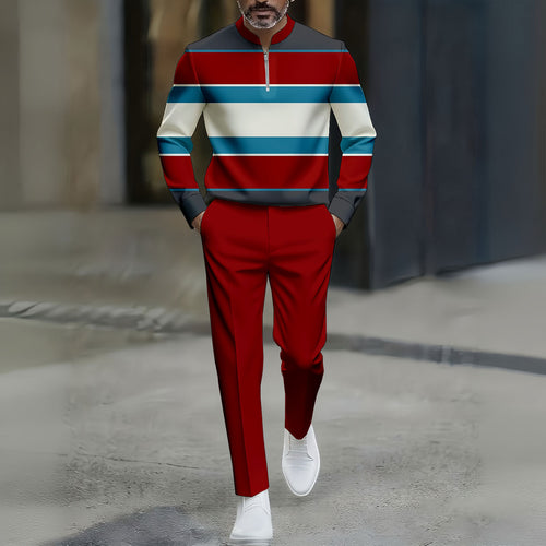 Men's Casual Color Matching Striped Printed Round-Neck Zipper Long Sleeved Trousers Red Two-Piece Set