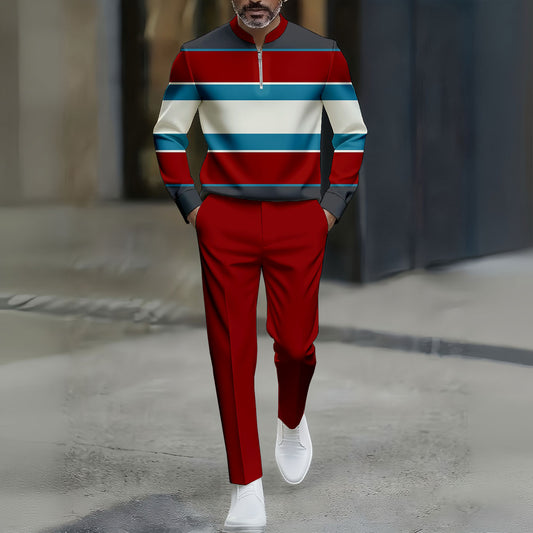 Men's Casual Color Matching Striped Printed Round-Neck Zipper Long Sleeved Trousers Red Two-Piece Set