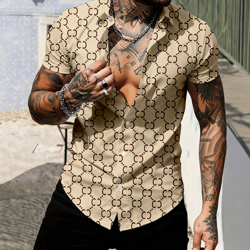 Men's Casual Khaki Short-Sleeve Shirt With Vintage Floral Print