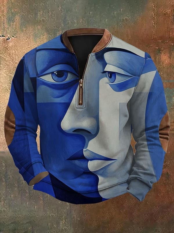 Men's Fashion Casual Art Geometric Print Zipper Neck Sweatshirt