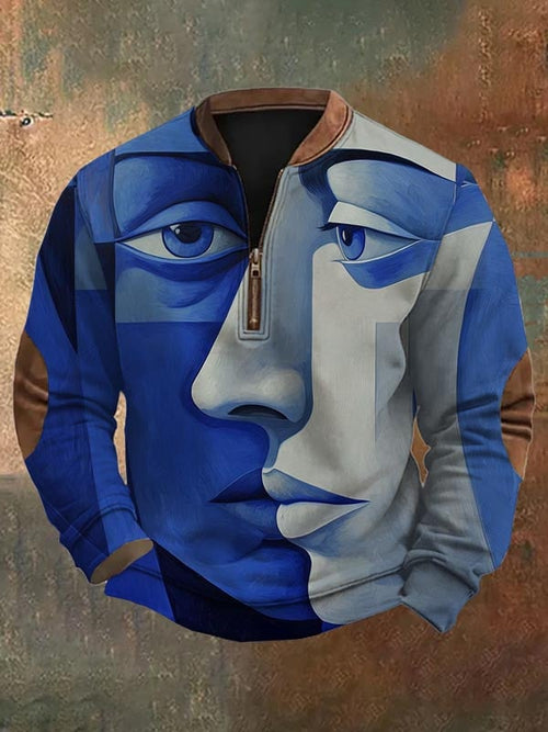 Men's Fashion Casual Art Geometric Print Zipper Neck Sweatshirt