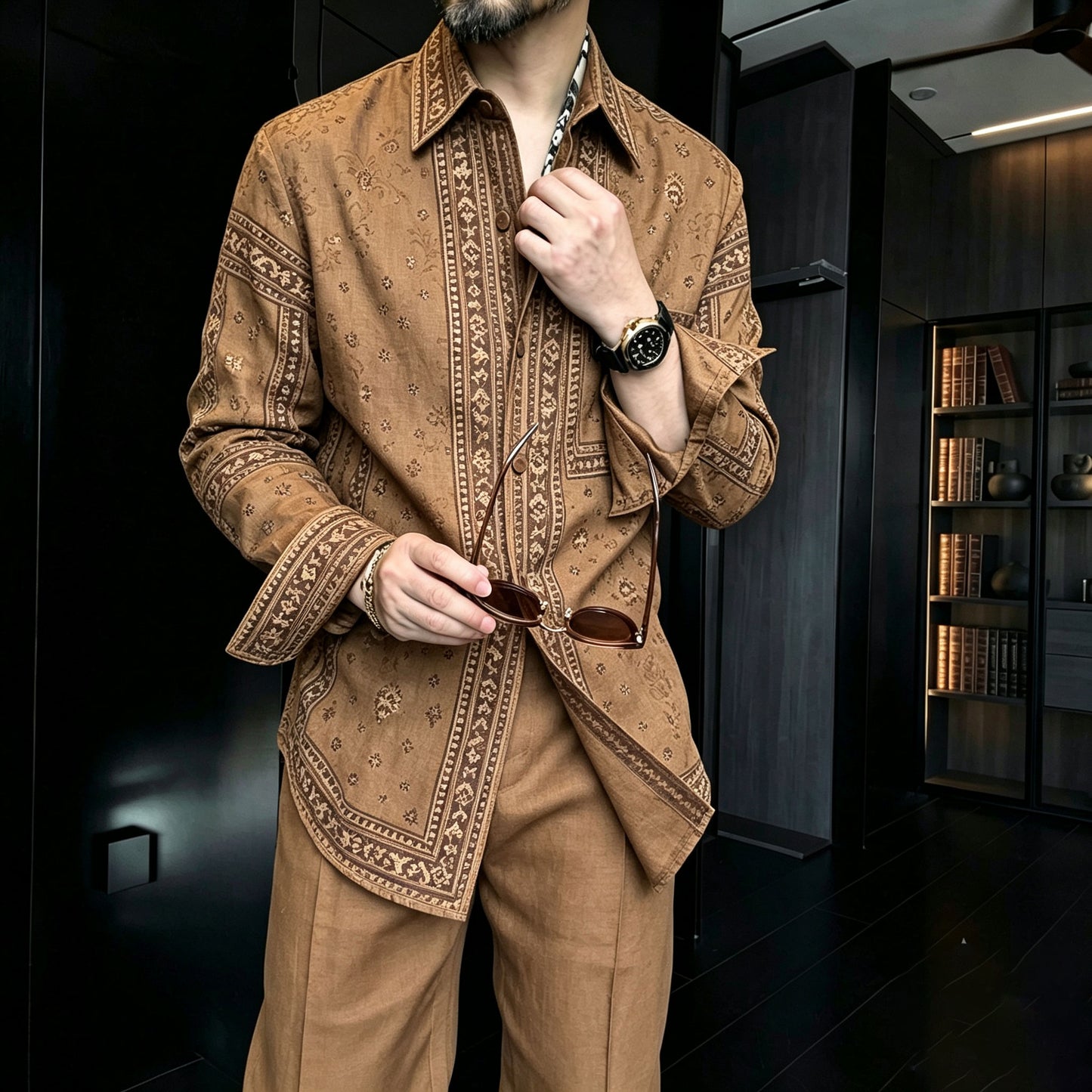 Men's Casual Retro-Style Printed Collared Long-Sleeve Shirt and Pants Two-Piece Set