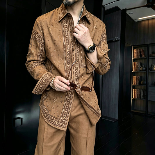 Men's Casual Retro-Style Printed Collared Long-Sleeve Shirt and Pants Two-Piece Set