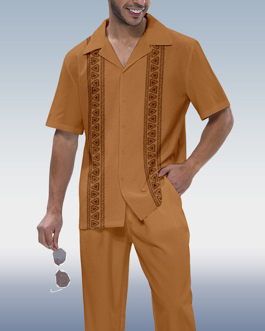 Rianmond Men's Vintage Colorblock Short Sleeve Shirt Walking Set 596