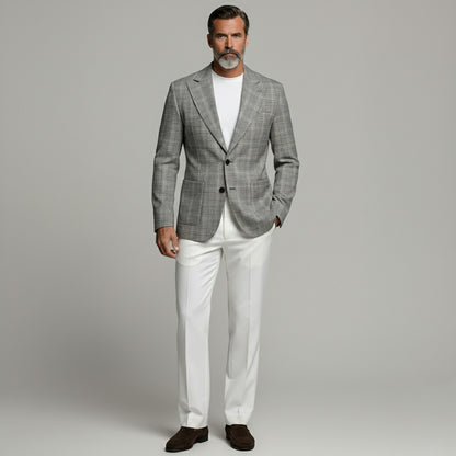 Men's Business Gray Plaid Print Two Button Patch Pocket Notch Lapel Blazer