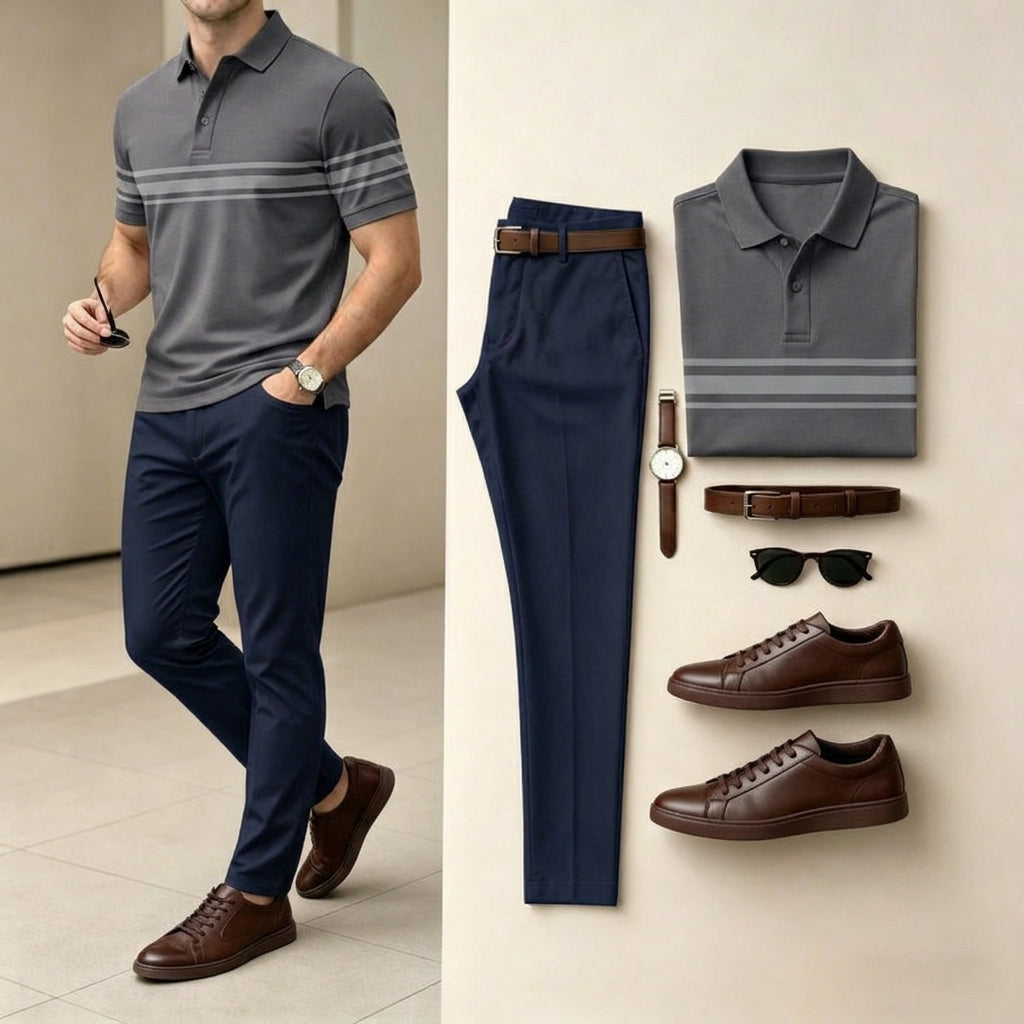 Men's Deep Gray & Light Gray Color Matching Striped Printed Short Sleeved Polo Shirt & Pants Two-Piece Set