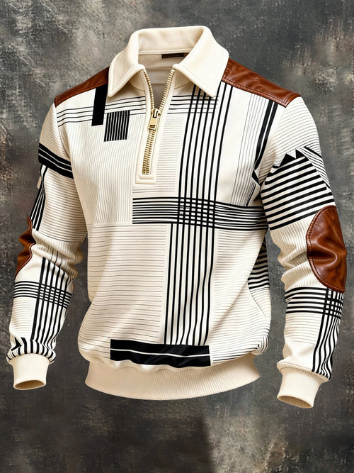 Men's Vintage Color-Block Printed Zip-Up Hoodie