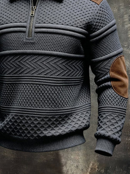 Men'S Vintage-Style Textured Patchwork Color-Block Long-Sleeved Sweatshirt